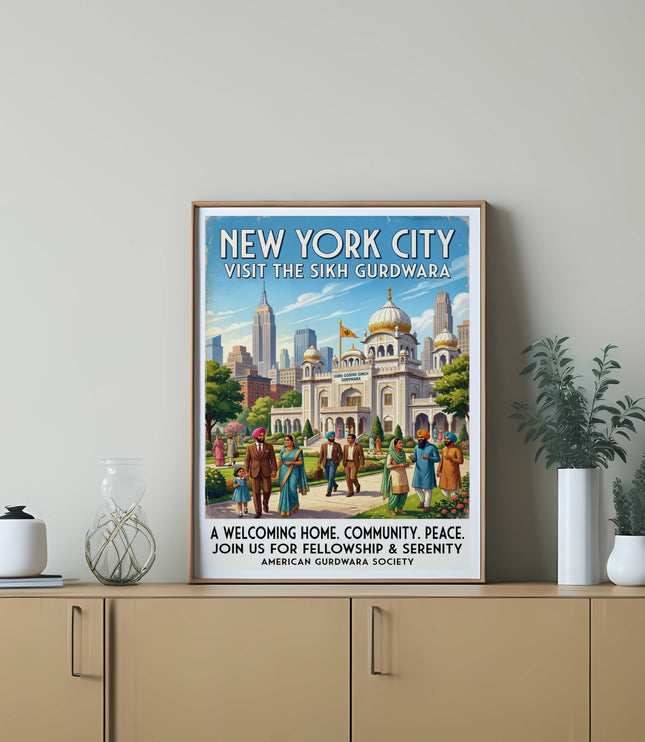 New York City poster advertising the Sikh Gurdwara with text.