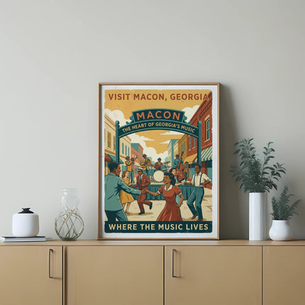 Vintage poster for Macon, Georgia, showing a lively street scene with musicians and dancers.