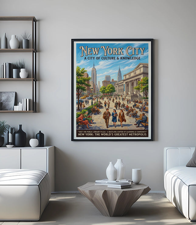 New York City poster with Empire State Building and Library Plaza scene.