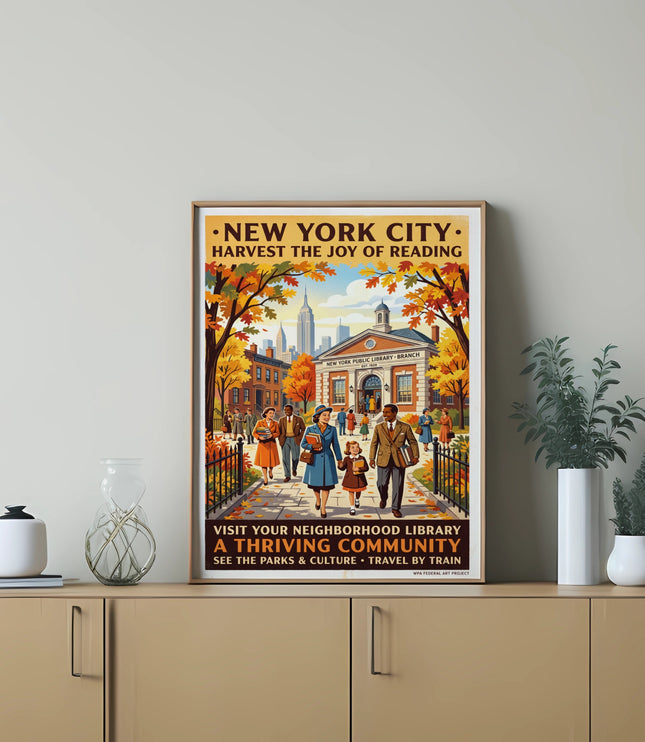New York City library poster featuring families and landmarks with text about reading.