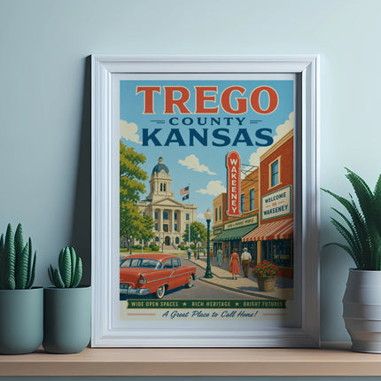 Vintage travel poster for Wakeeney, Trego County, Kansas, featuring a red car and courthouse.