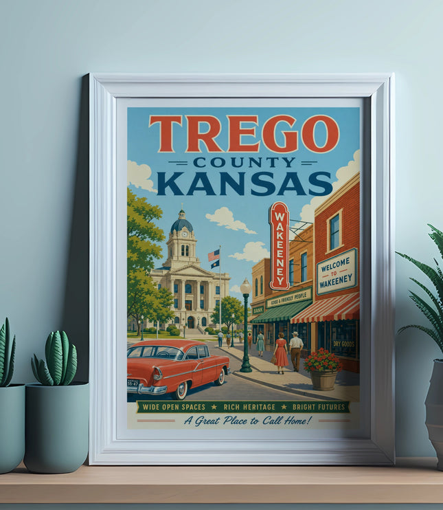 Vintage travel poster for Wakeeney, Trego County, Kansas, featuring a red car and courthouse.