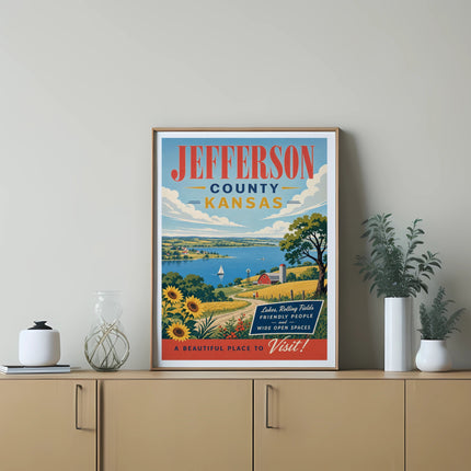 Jefferson County, Kansas vintage travel poster with fields, lake, and text.