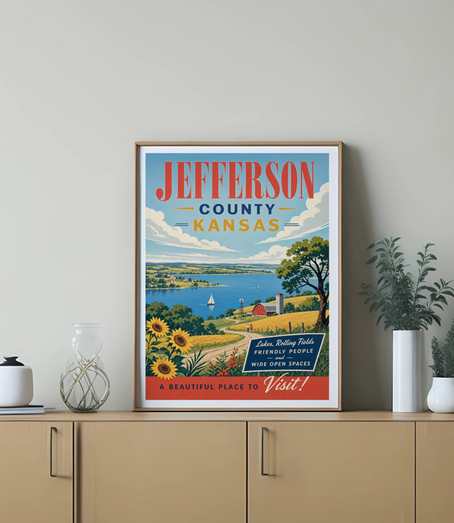 Jefferson County, Kansas vintage travel poster with fields, lake, and text.