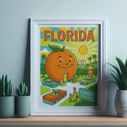 Retro Florida travel poster featuring an orange, cars, and sunshine.