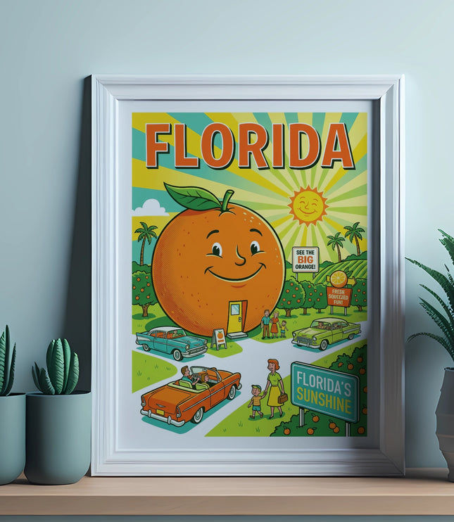 Retro Florida travel poster featuring an orange, cars, and sunshine.