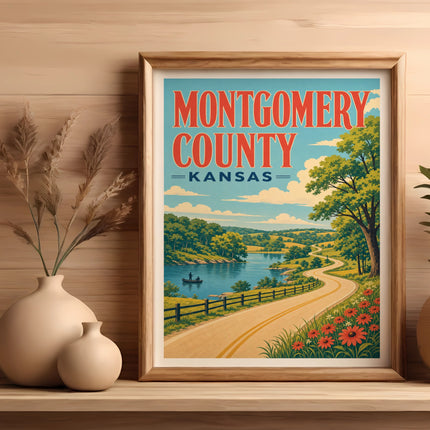 Framed Montgomery County, Kansas travel poster featuring a winding road and lake.