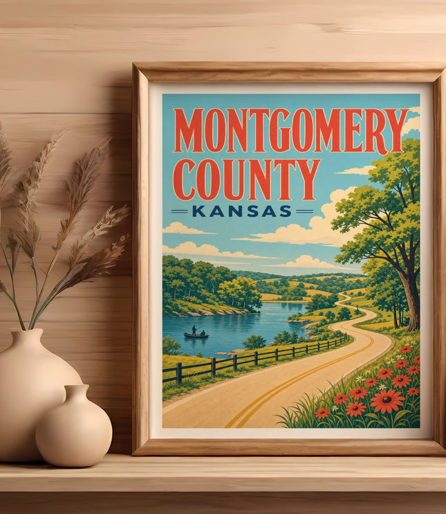 Framed Montgomery County, Kansas travel poster featuring a winding road and lake.