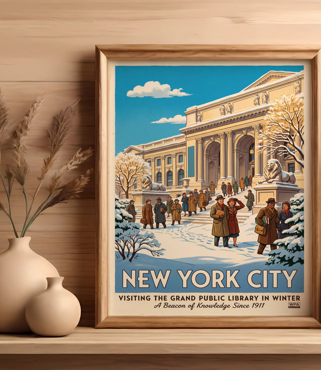 New York City poster depicting the Grand Public Library in winter.