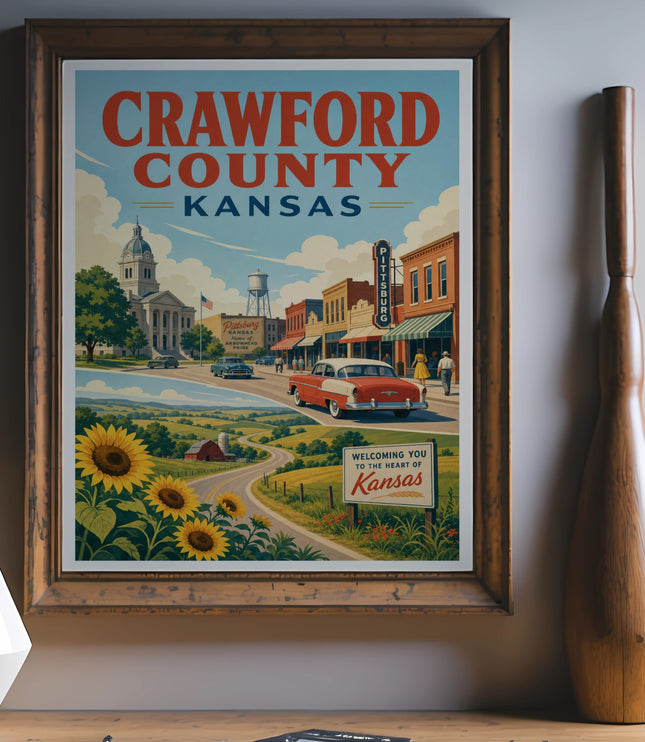 Vintage poster for Crawford County, Kansas, featuring sunflowers and the city of Pittsburg.