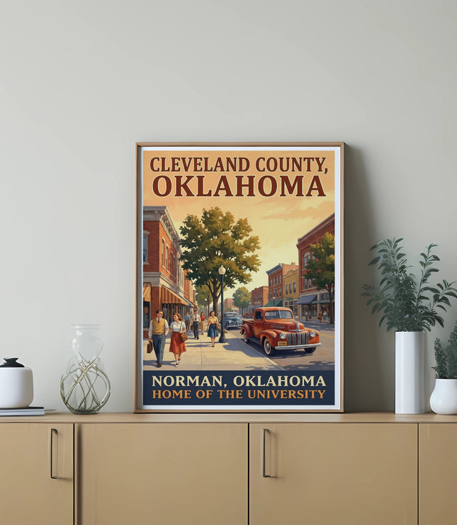 Poster for Cleveland County, Oklahoma featuring a vintage street scene with people, buildings, and a red truck.