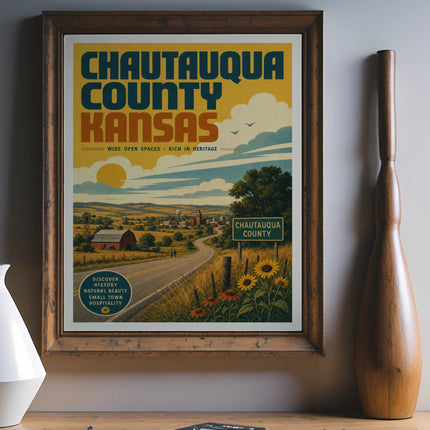 Chautauqua County Kansas vintage travel poster with scenic road and barn.