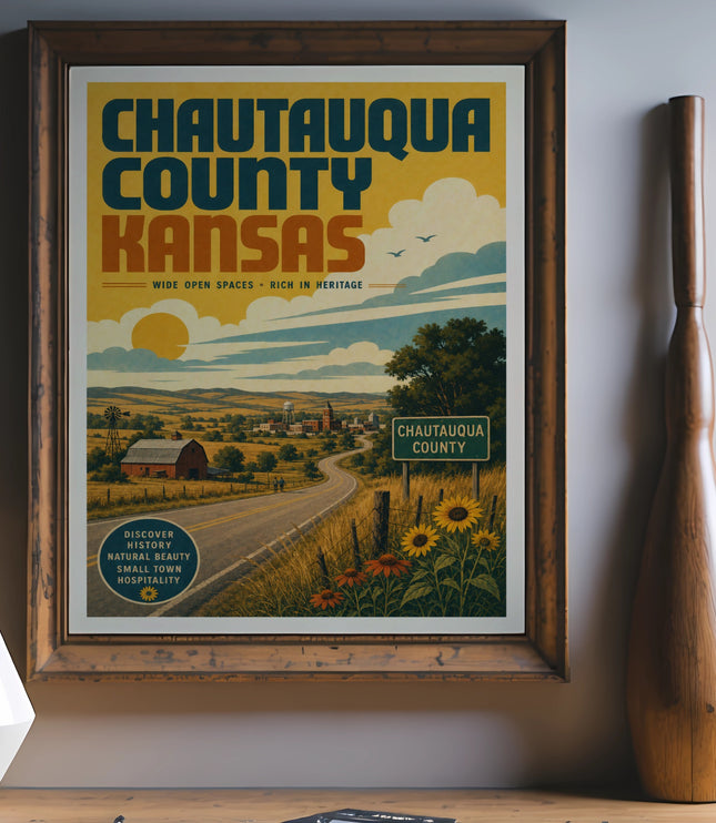 Chautauqua County Kansas vintage travel poster with scenic road and barn.