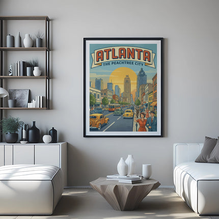 Vintage "Atlanta The Peachtree City" poster with classic cars and buildings.