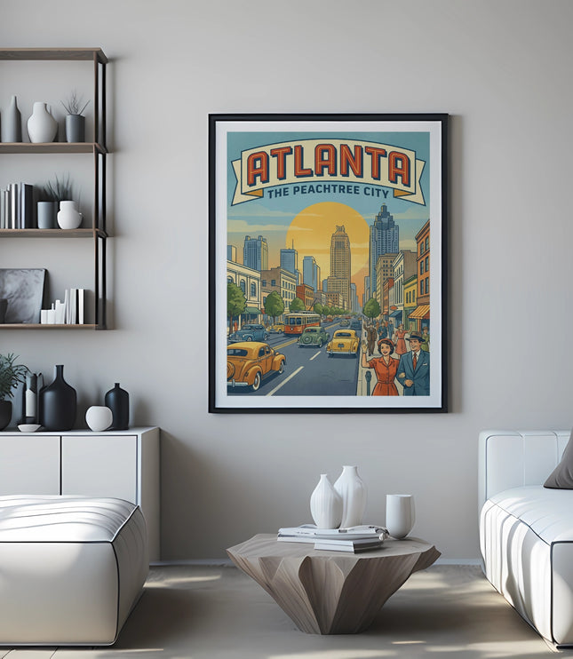 Vintage "Atlanta The Peachtree City" poster with classic cars and buildings.