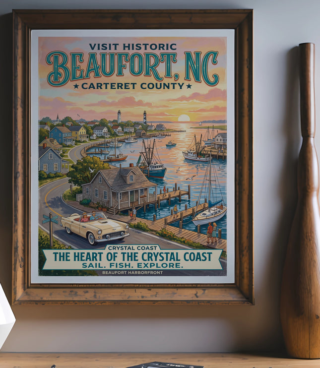 Beaufort, NC Crystal Coast poster showing harbor, town, and lighthouse at sunset