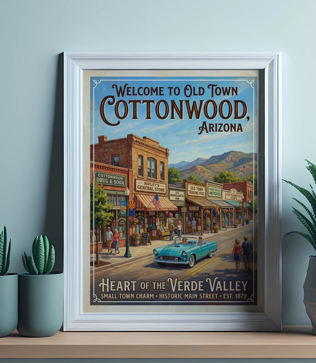 Vintage poster of Cottonwood, Arizona main street with buildings, a teal convertible, and mountains.
