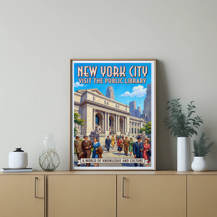 Vintage New York City poster: Visit the Public Library, a world of knowledge.