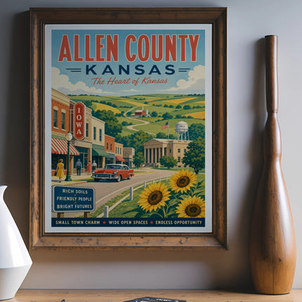 Allen County, Kansas vintage travel poster with text about Iola and its charm.