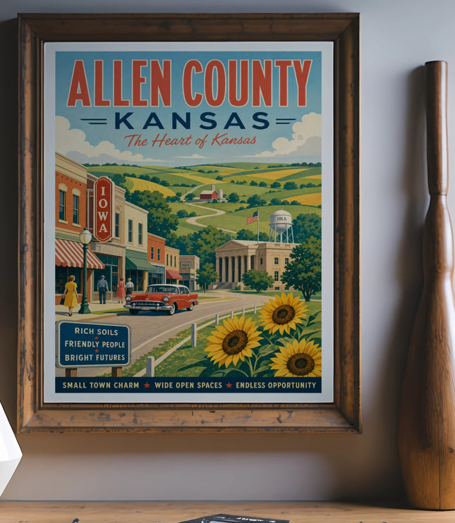 Allen County, Kansas vintage travel poster with text about Iola and its charm.
