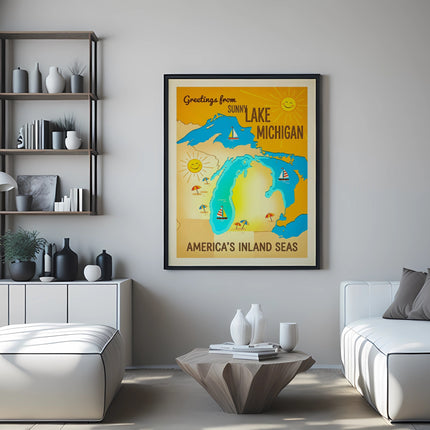 Vintage "Greetings from Sunny Lake Michigan" travel poster on wall.