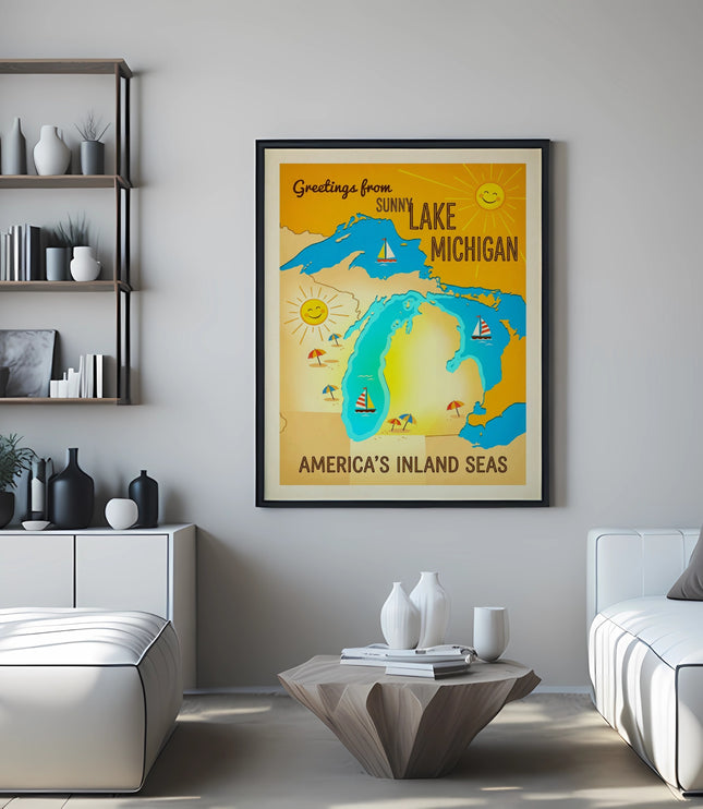 Vintage "Greetings from Sunny Lake Michigan" travel poster on wall.