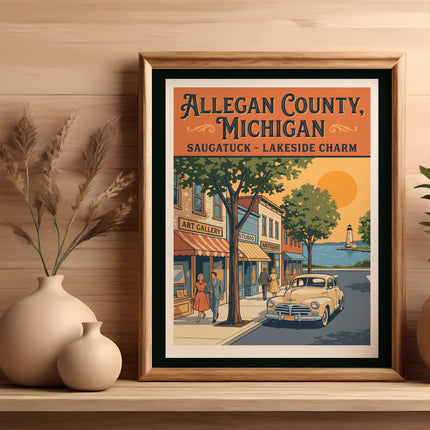 Allegan County, Michigan: Saugatuck Lakeside Charm vintage travel poster.
