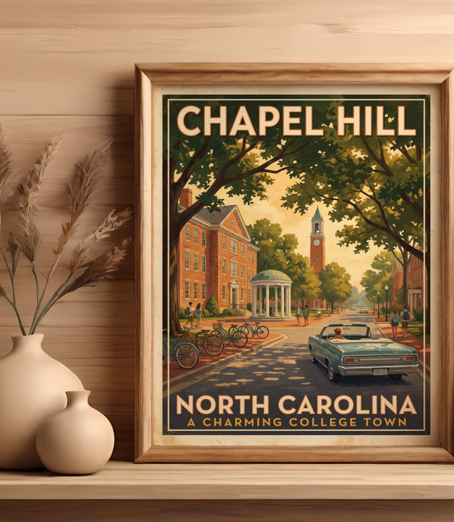 Chapel Hill North Carolina vintage travel poster with classic convertible and architecture.