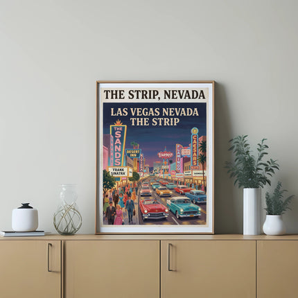 Vintage poster of The Strip, Nevada, with casinos, cars, and people.