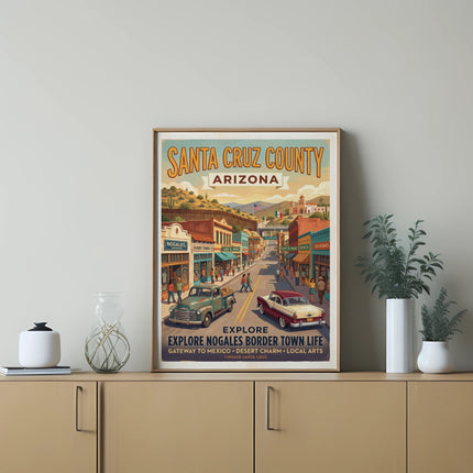 Santa Cruz County Arizona poster depicting Nogales border town life.