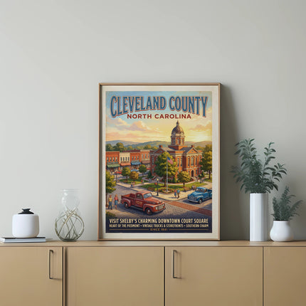 Vintage poster of Cleveland County, NC courthouse, vintage trucks, and storefronts.