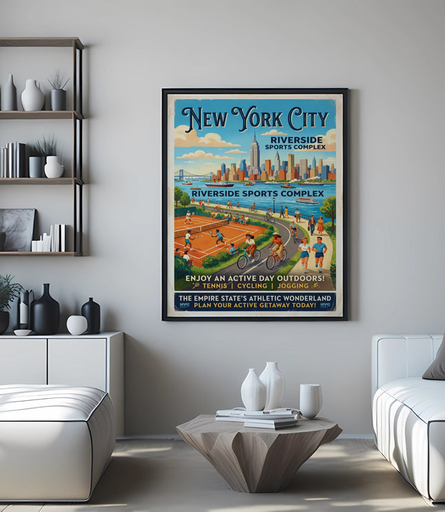 New York City Riverside Sports Complex vintage travel poster showcasing activities.