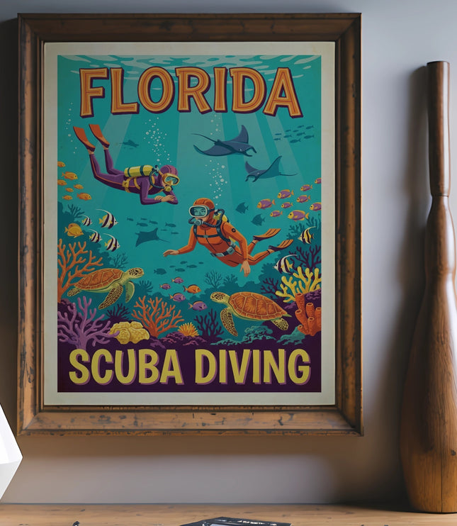 Florida scuba diving vintage travel poster featuring divers, turtles, fish, and manta rays.