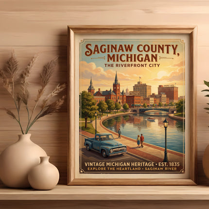 Saginaw County, Michigan vintage poster with riverfront city scene and classic truck.