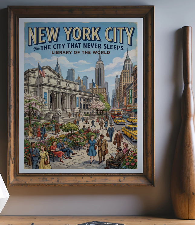Vintage New York City poster with Library of the World and skyline scene.