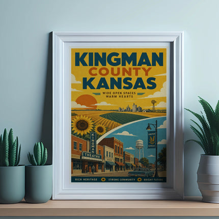 Kingman County Kansas vintage travel poster with theater, bank, sunflowers, and windmill.