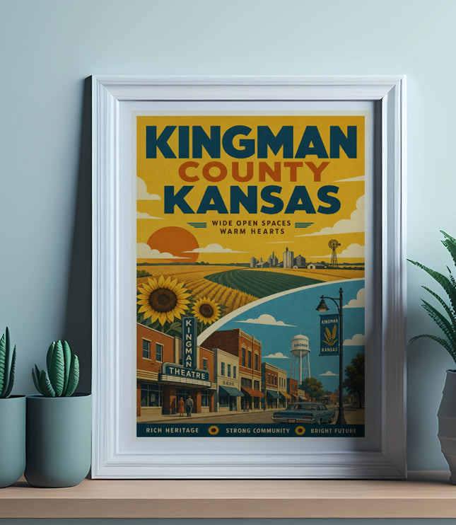 Kingman County Kansas vintage travel poster with theater, bank, sunflowers, and windmill.