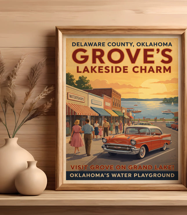 Poster of Grove, Oklahoma, showing lakeside charm, shops, vintage car, and lake.