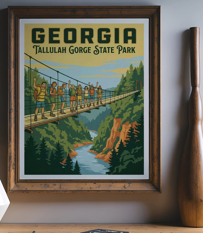 Georgia Tallulah Gorge State Park poster with hikers on a suspension bridge.