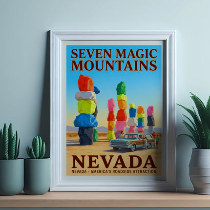 Seven Magic Mountains Nevada roadside attraction poster with vintage station wagon.