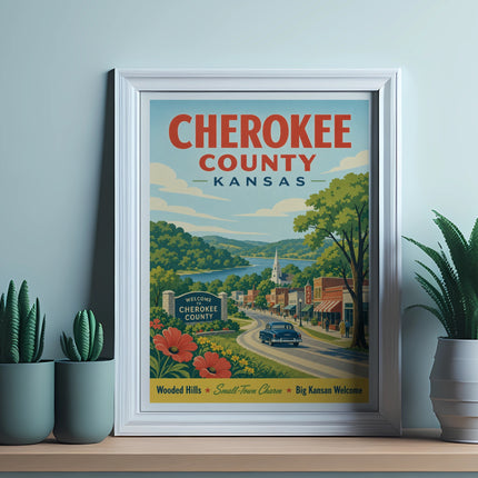 Cherokee County Kansas welcome poster with small town scene.