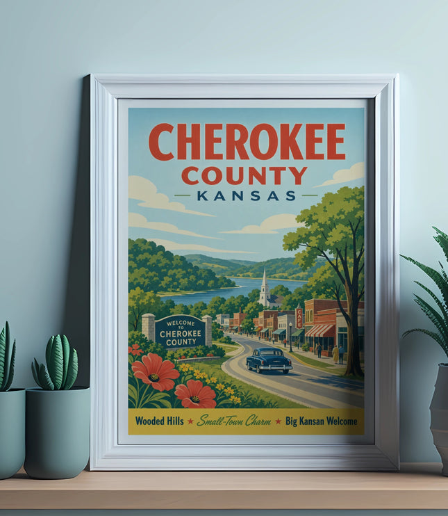 Cherokee County Kansas welcome poster with small town scene.