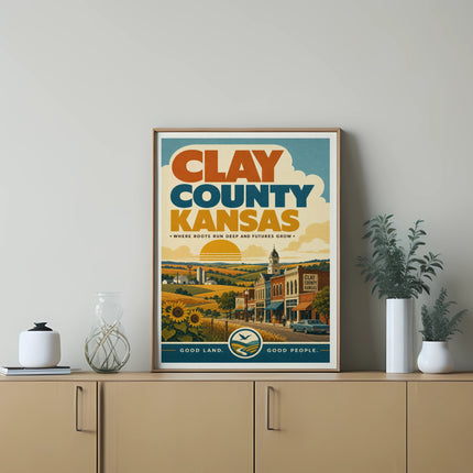 Clay County Kansas retro poster with farmland, town, and text.
