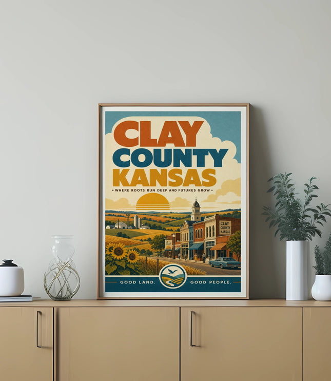 Clay County Kansas retro poster with farmland, town, and text.