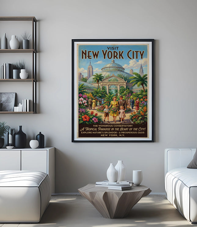 Vintage "Visit New York City" poster featuring a tropical conservatory.