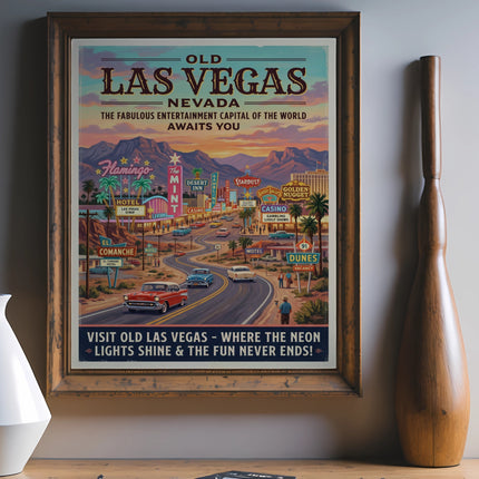 Old Las Vegas Nevada poster with vintage cars, casinos, and mountains.