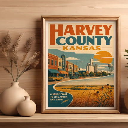 Harvey County Kansas poster with a street scene, sunflowers, and fields.