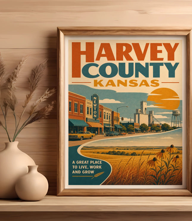 Harvey County Kansas poster with a street scene, sunflowers, and fields.