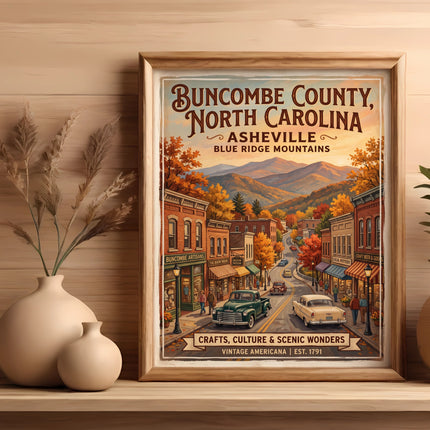 Buncombe County North Carolina Asheville vintage Americana poster with Blue Ridge Mountains.