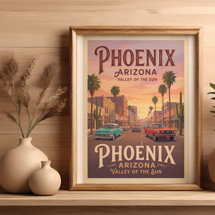 Phoenix Arizona vintage travel poster with classic cars and palm trees.